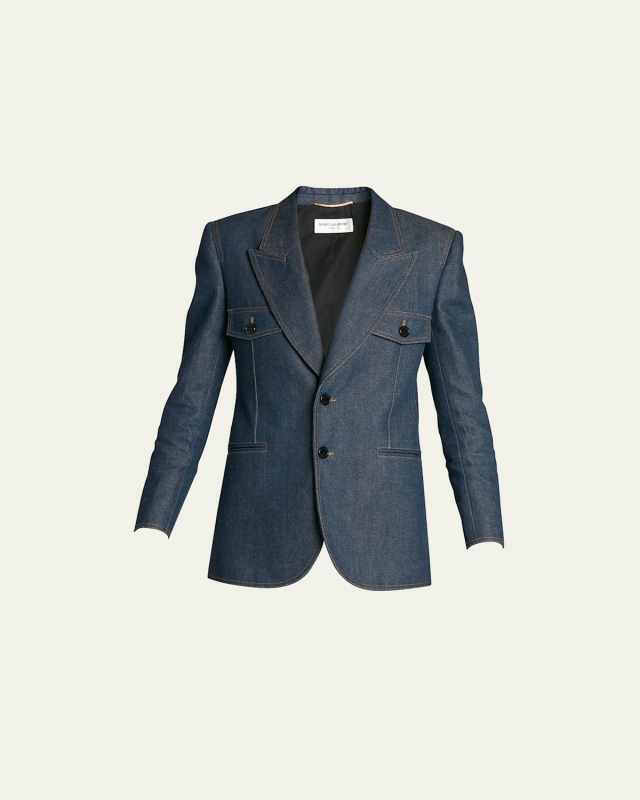 Denim Peak-Lapel Blazer Jacket
